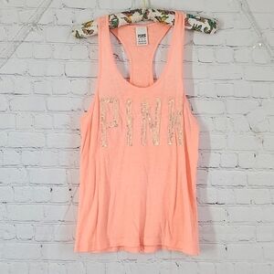 2013 Victoria's Secret PINK Peachy Sequin Logo Racerback Loose Fit Tank Size XS